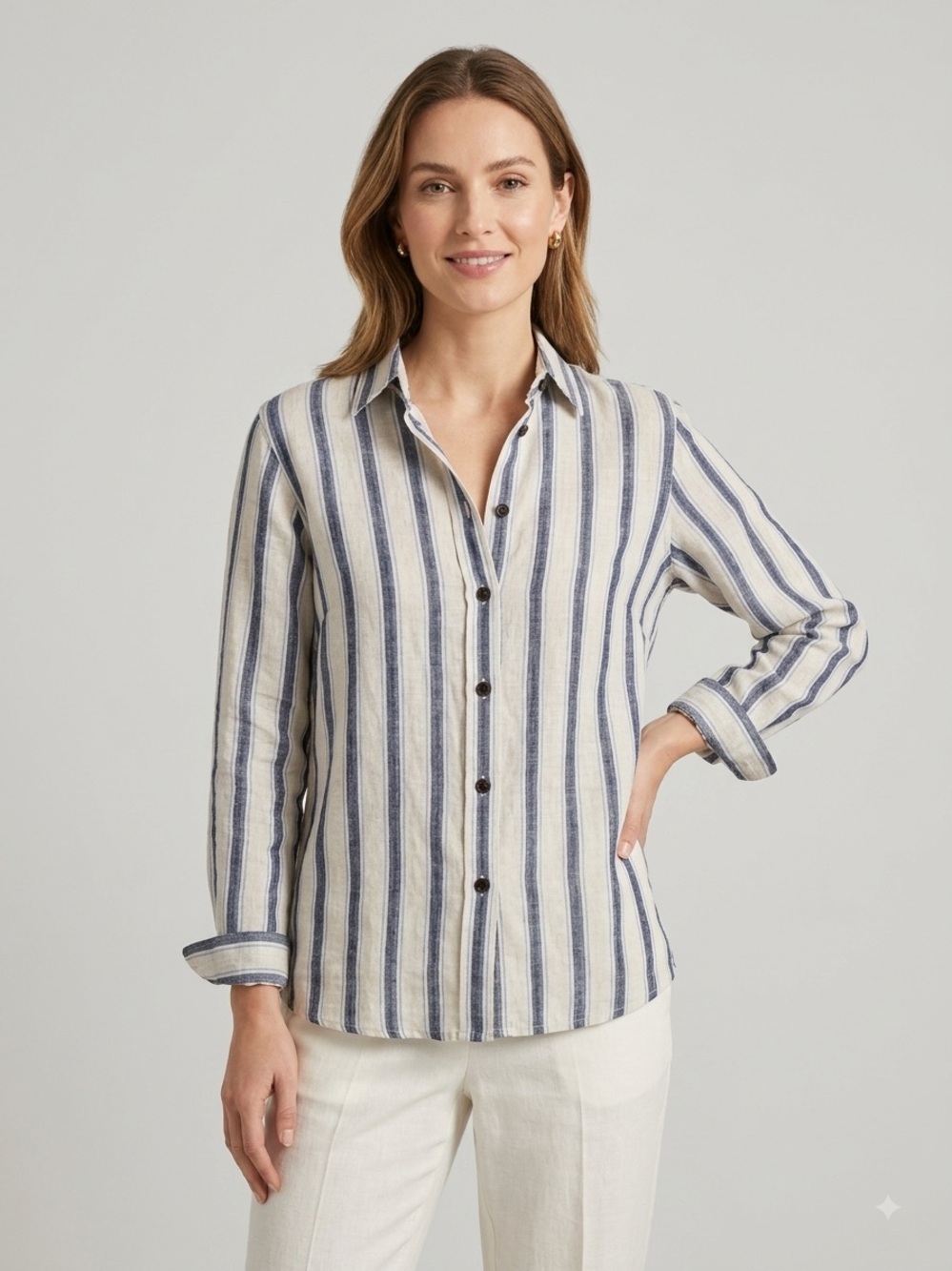 Womens Linen Striped Button Down Shirt Long Sleeve Blouse Coastal Blue White M/L